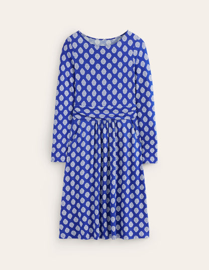 Robe Amelie à manches longues-Bleu mazarine, motif Ornate Stamp