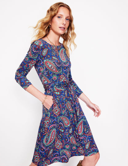 Amelie Langärmeliges Kleid-Blauhäher, Motiv Paisley Paradise