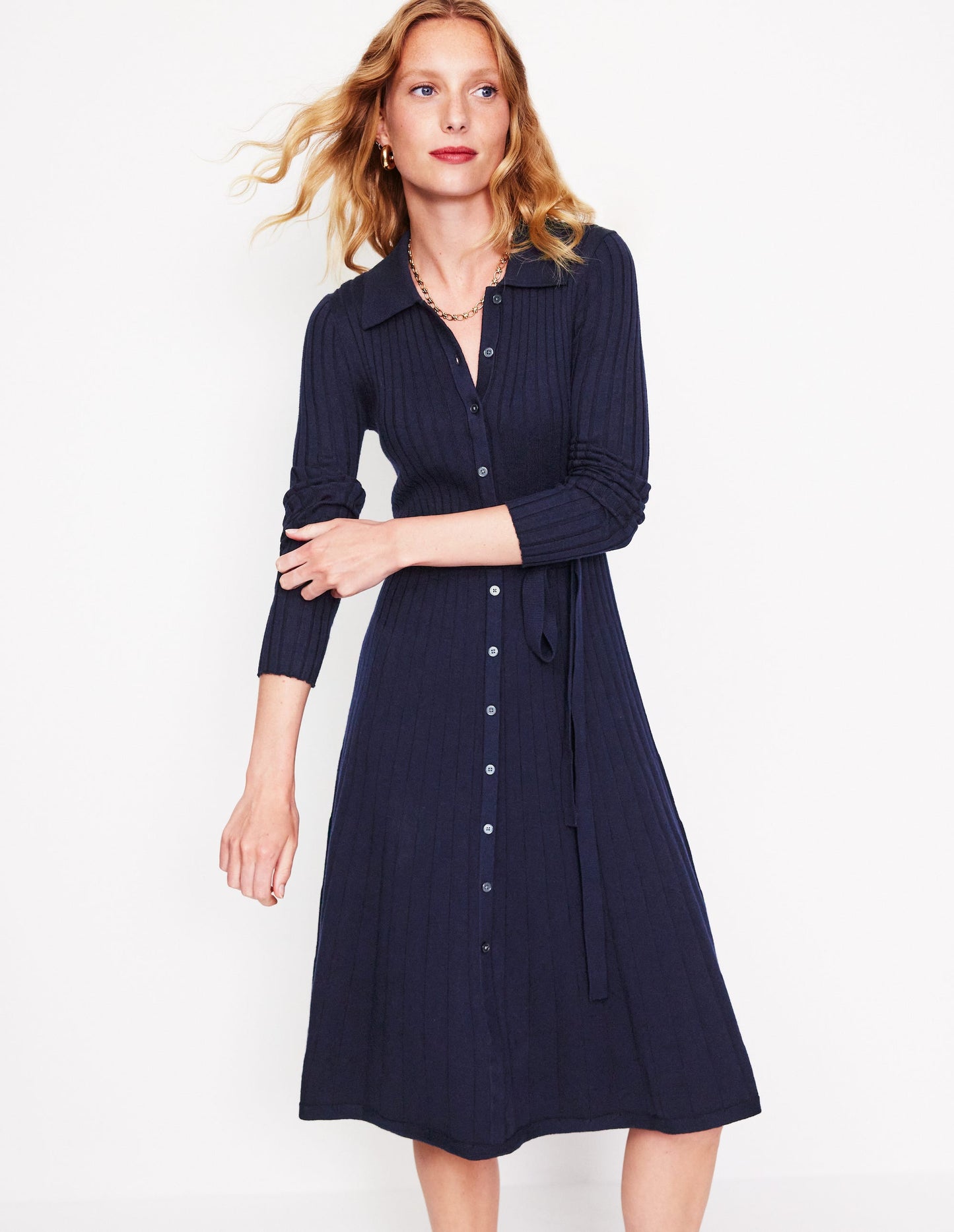 Rachel Knitted Shirt Dress-Navy