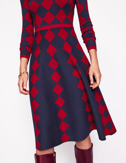 Maria Jacquard-Strickkleid-Argyle in Rot und Marineblau