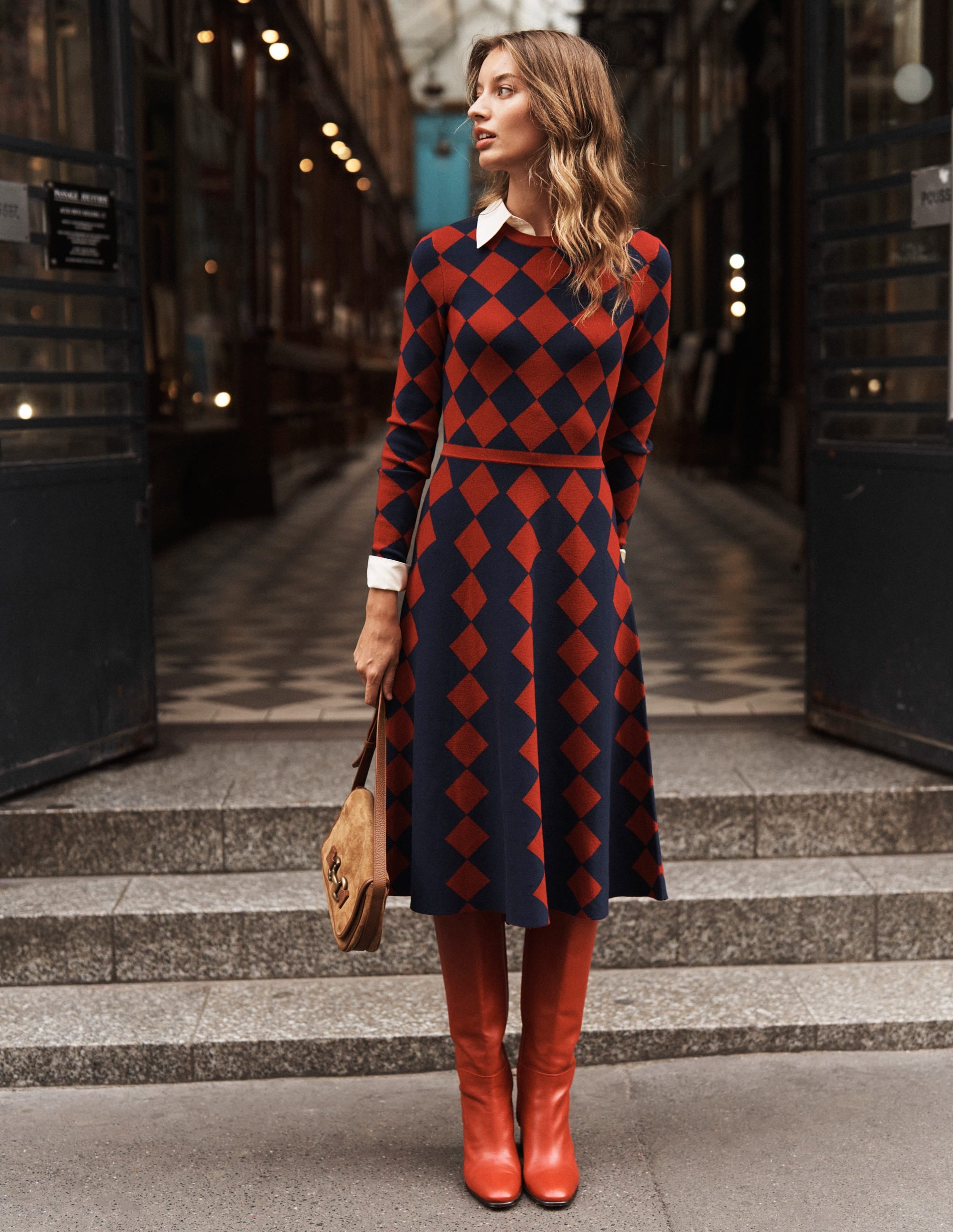 Maria Jacquard Knitted Dress-Red and Navy Argyle - Image 5