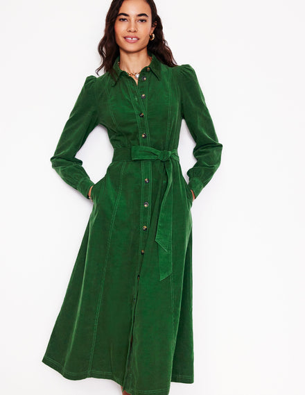 Aubrey Midi-Hemdblusenkleid aus Cord-Dunkelgrün