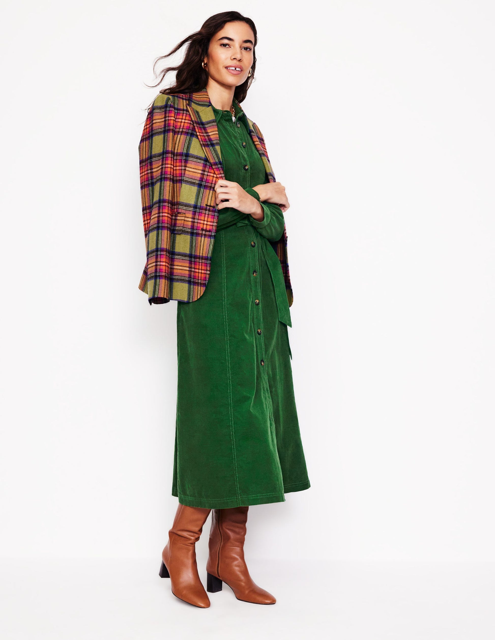 Aubrey Midi-Hemdblusenkleid aus Cord-Dunkelgrün-4