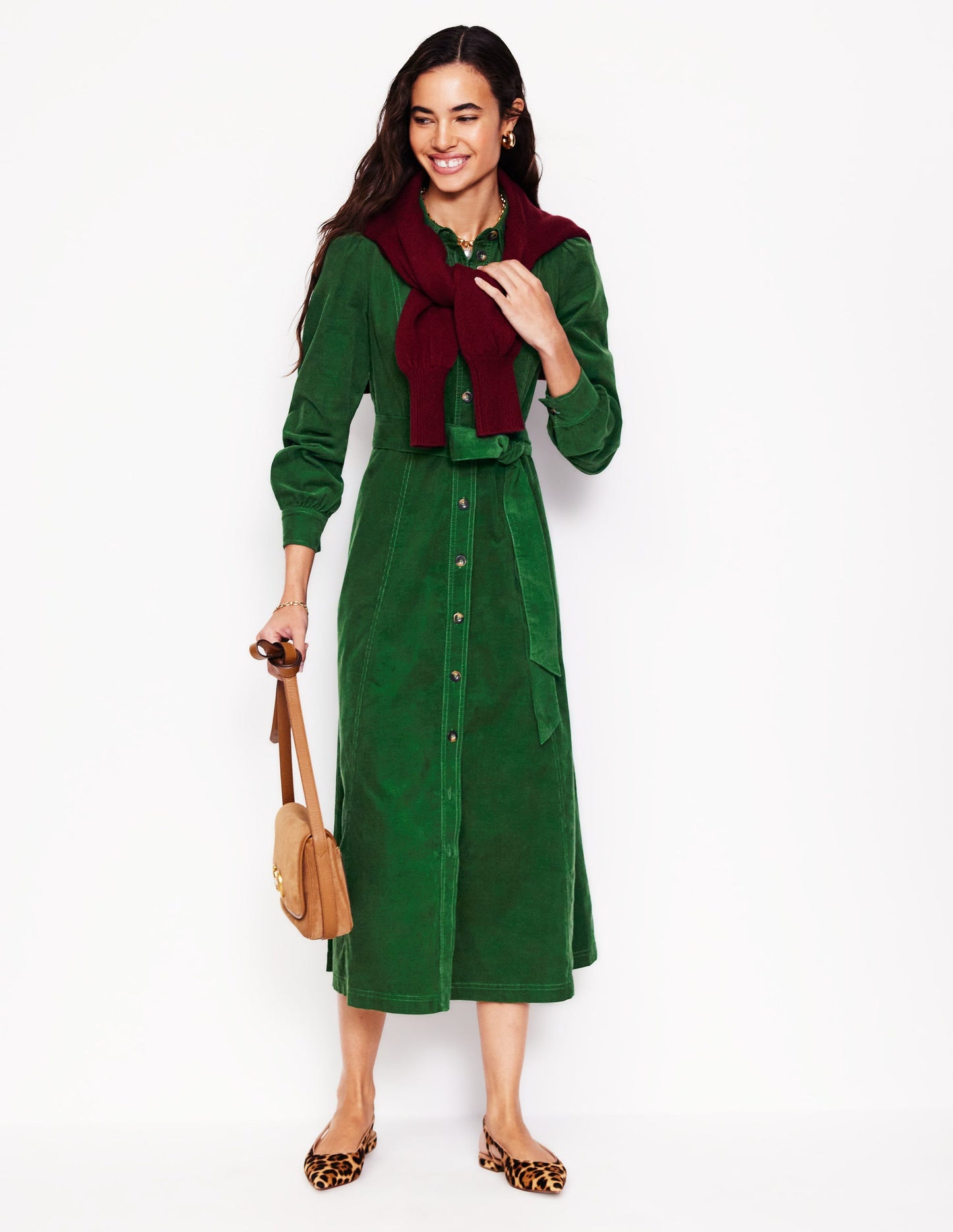 Aubrey Midi-Hemdblusenkleid aus Cord-Dunkelgrün