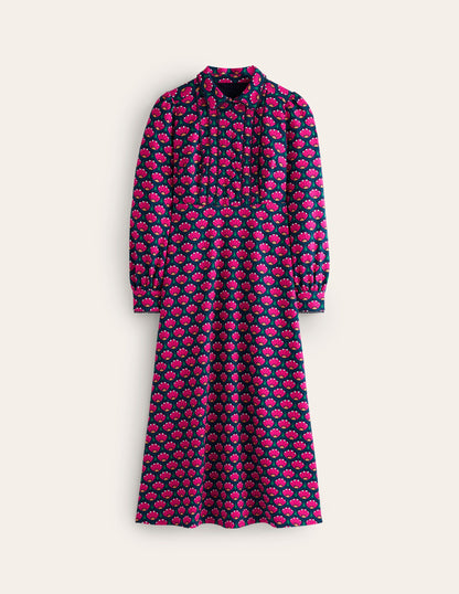 Pip Zip-Up Ponte Midi Dress-Bright Pink, Lotus Stamp