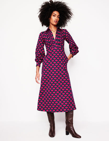 Pip Zip-Up Ponte Midi Dress-Bright Pink, Lotus Stamp