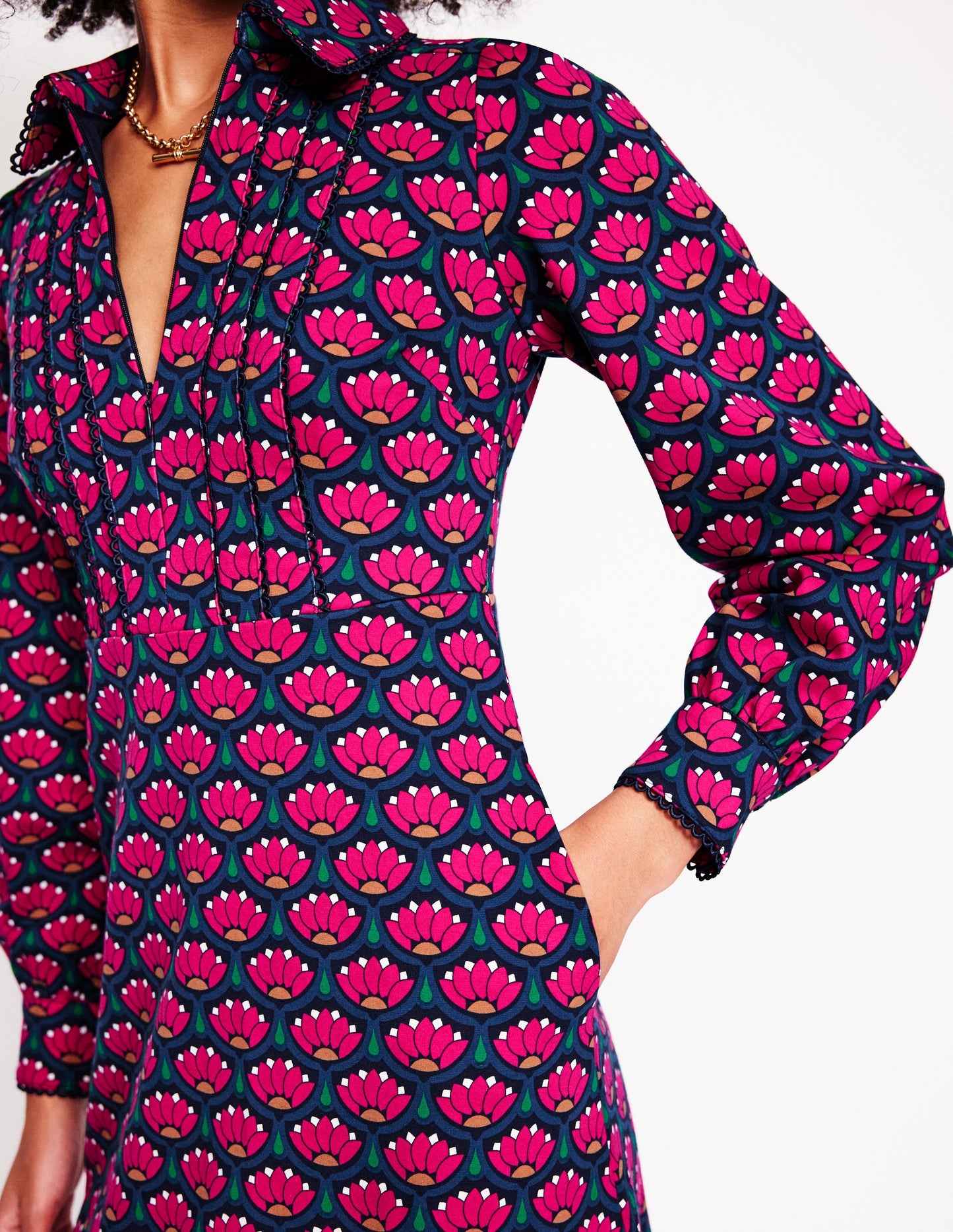 Pip Zip-Up Ponte Midi Dress-Bright Pink, Lotus Stamp