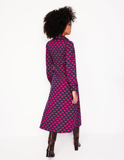 Pip Zip-Up Ponte Midi Dress-Bright Pink, Lotus Stamp