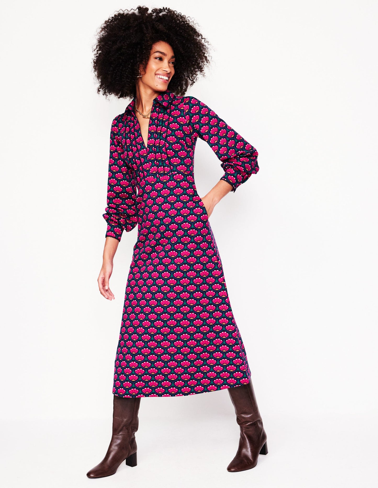 Pip Zip-Up Ponte Midi Dress-Bright Pink, Lotus Stamp