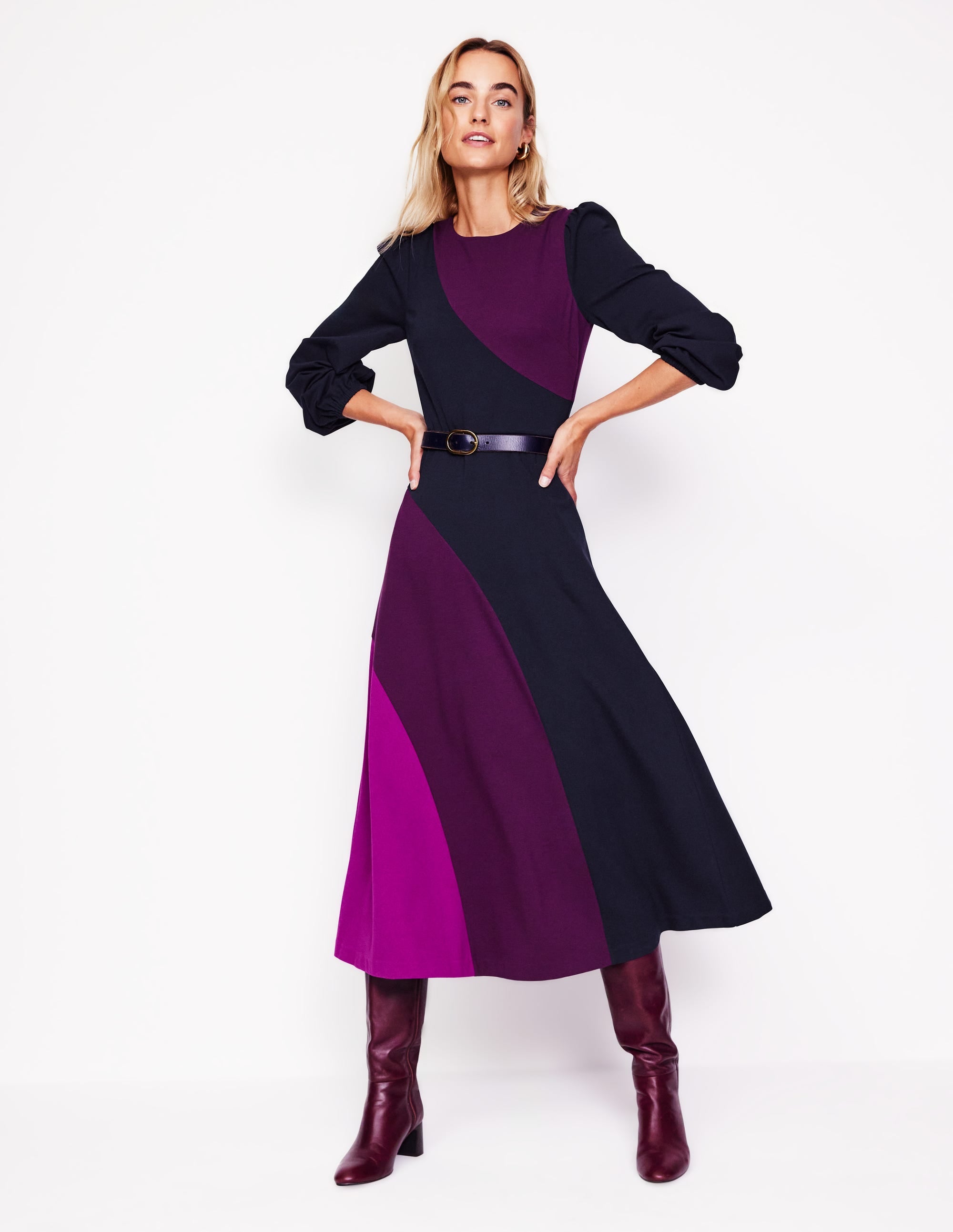 Ponte-Kleid mit Rundhalsausschnitt-Marineblau, Damson Blockfarben - Image 1
