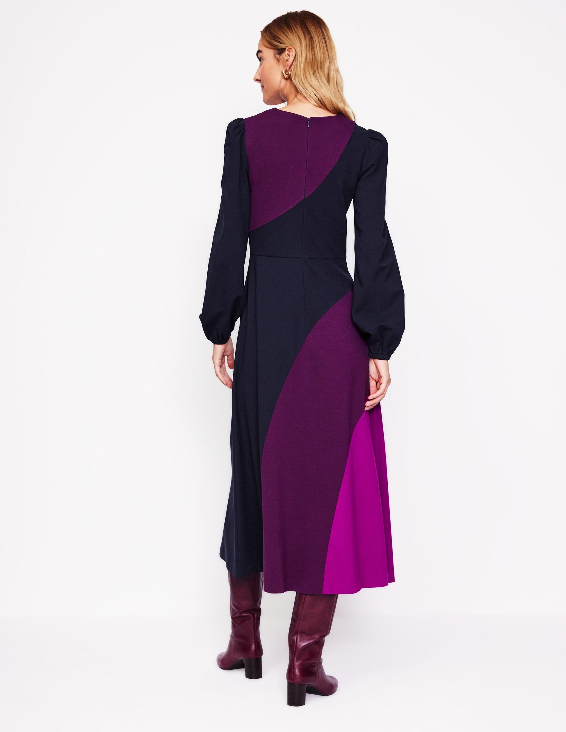 Ponte-Kleid mit Rundhalsausschnitt-Marineblau, Damson Blockfarben-3