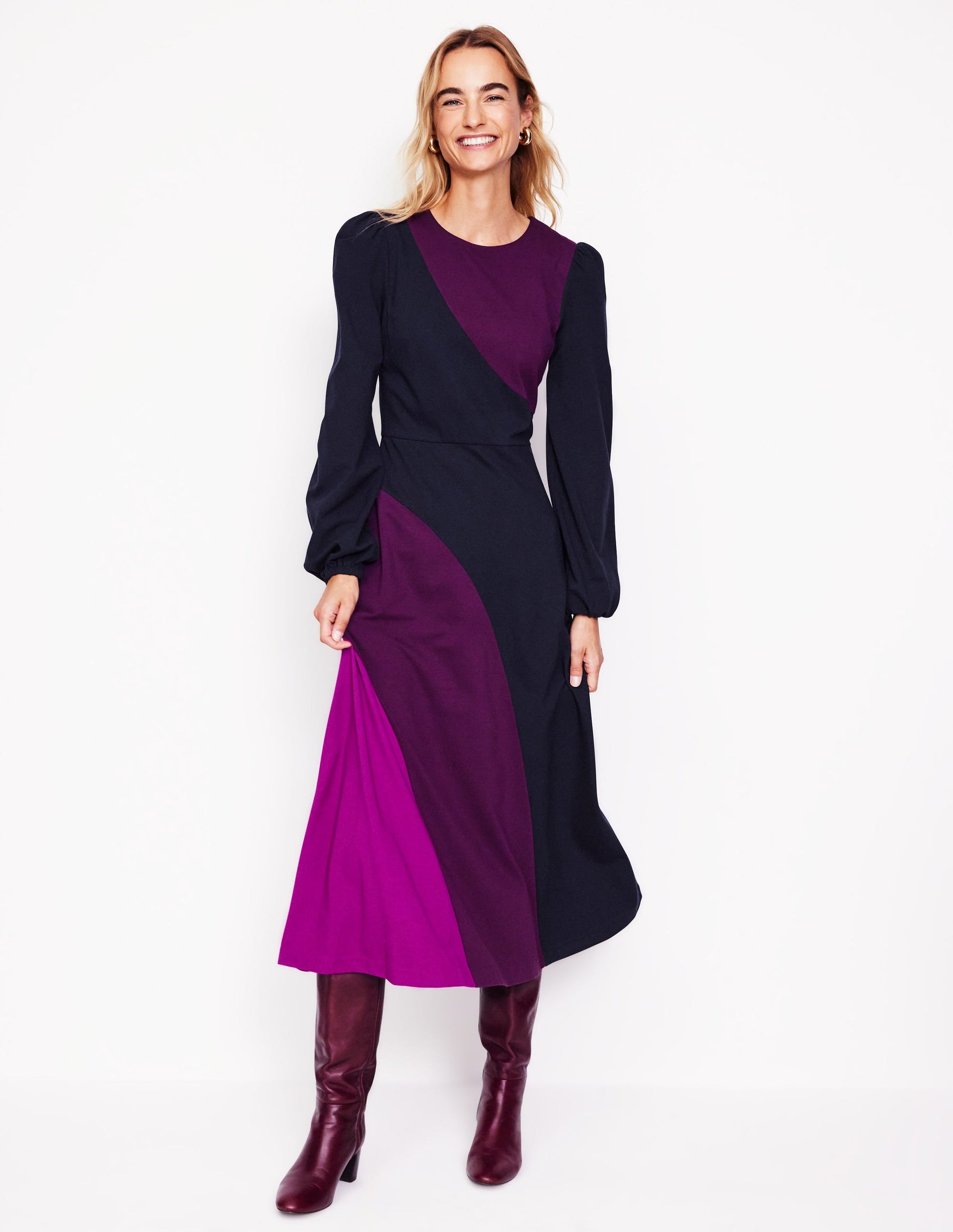 Ponte-Kleid mit Rundhalsausschnitt-Marineblau, Damson Blockfarben-4