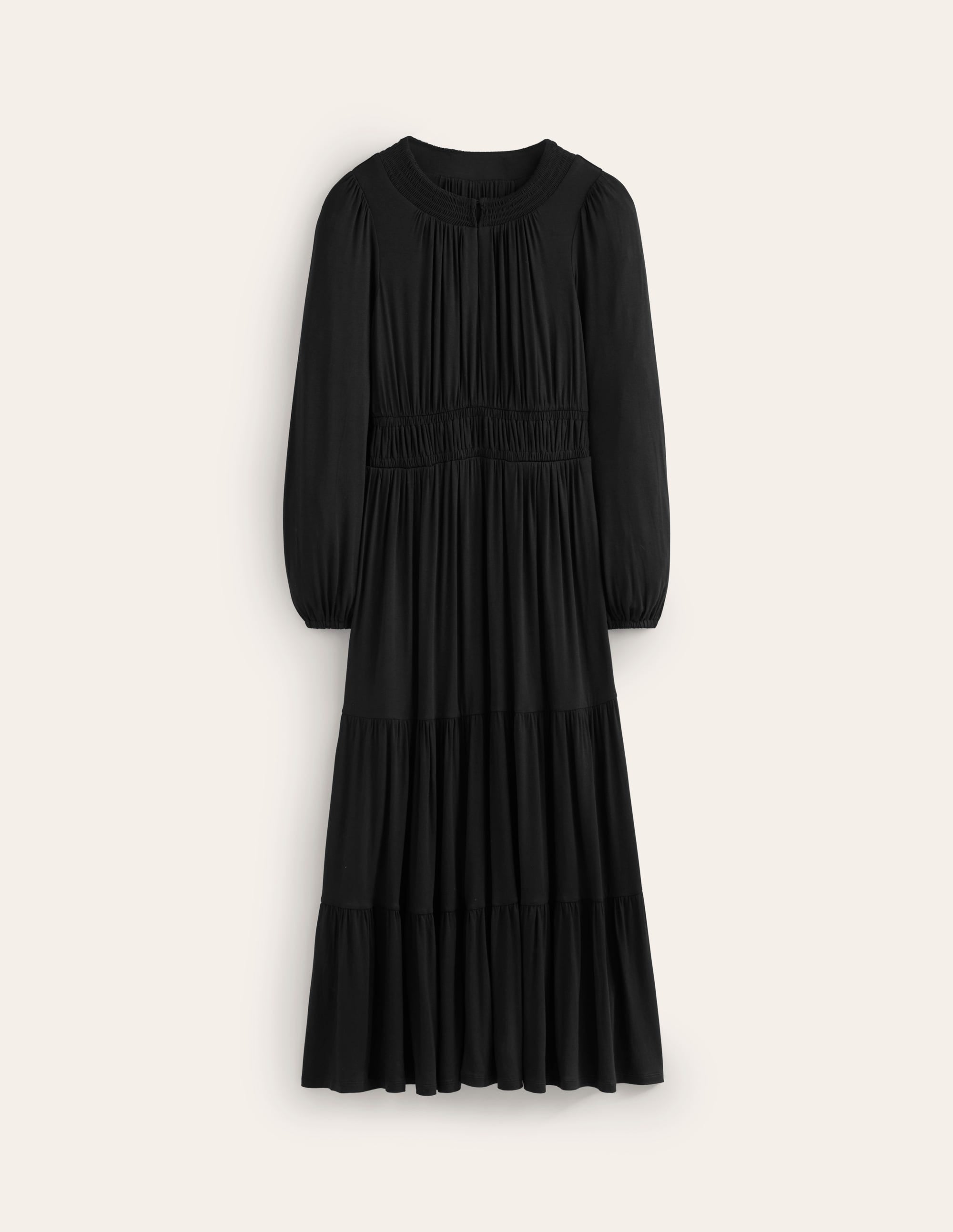 Gesmoktes, gestuftes Jersey-Midikleid-Schwarz - Image 5