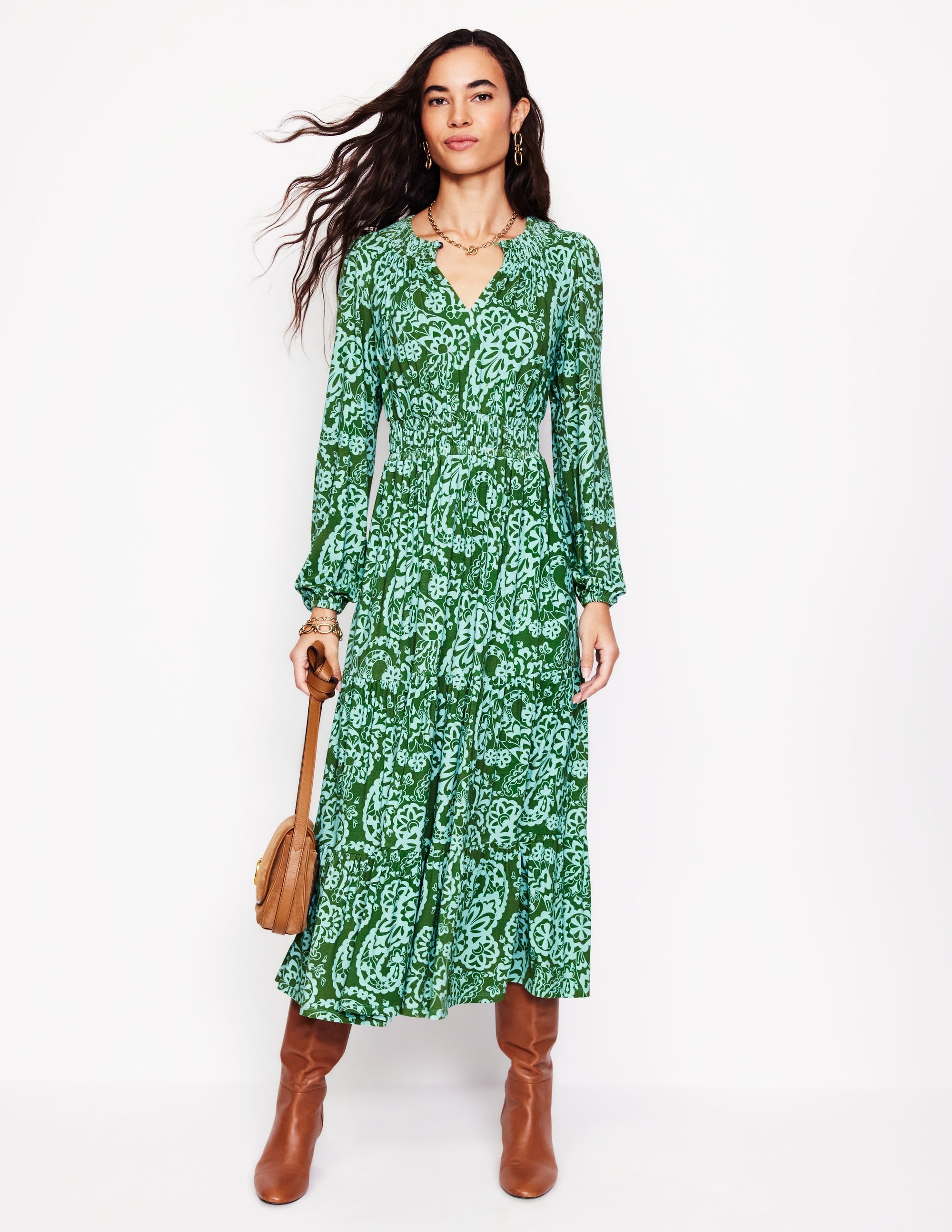 Gesmoktes, gestuftes Jersey-Midikleid-Bach, Paisley Kaskade - Image 1