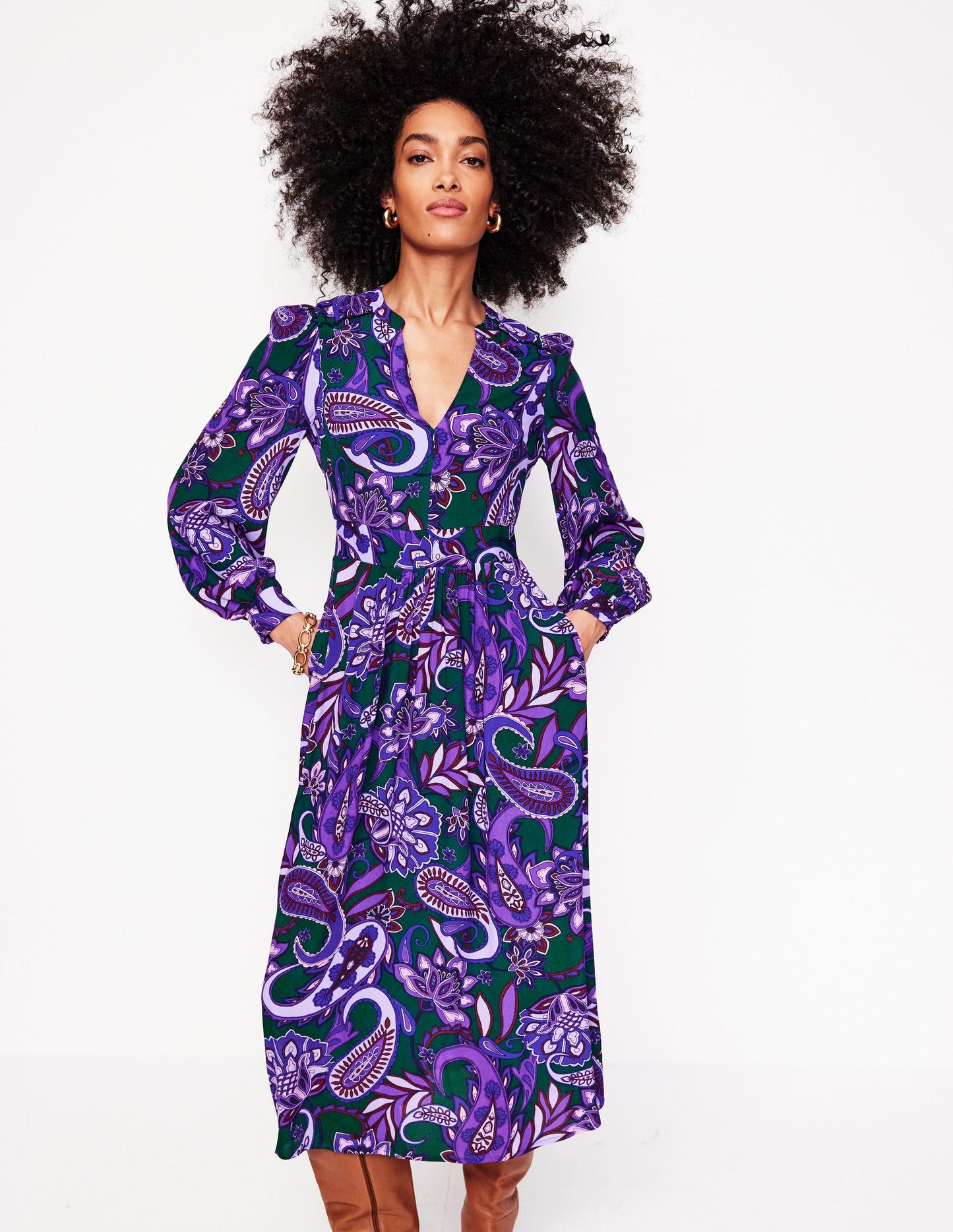 Robe midi Zoe à détails dentelle-Améthyste, motif Paisley Fusion