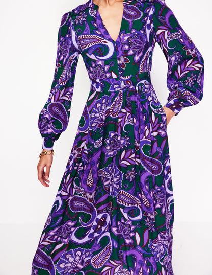 Robe midi Zoe à détails dentelle-Améthyste, motif Paisley Fusion