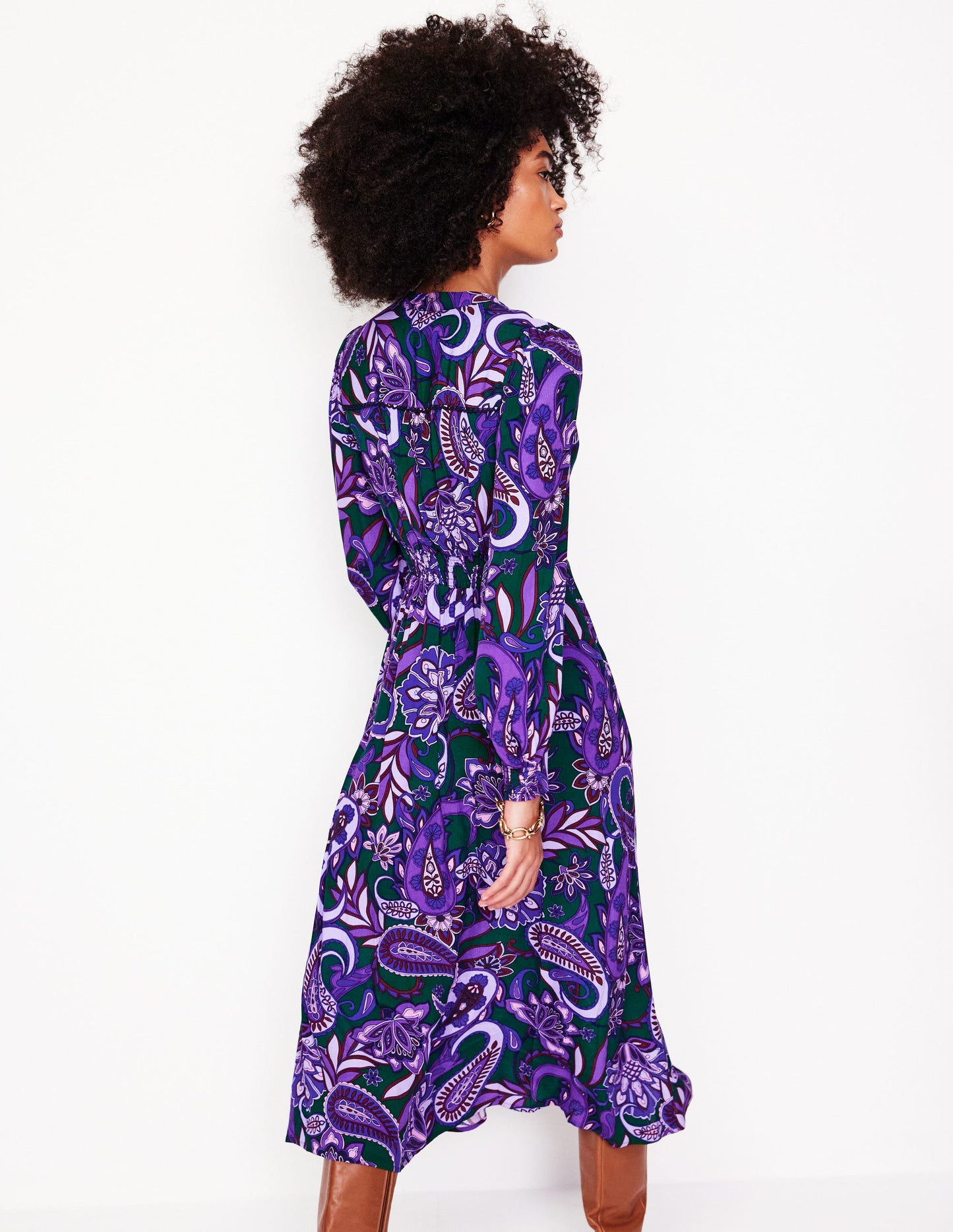 Robe midi Zoe à détails dentelle-Améthyste, motif Paisley Fusion