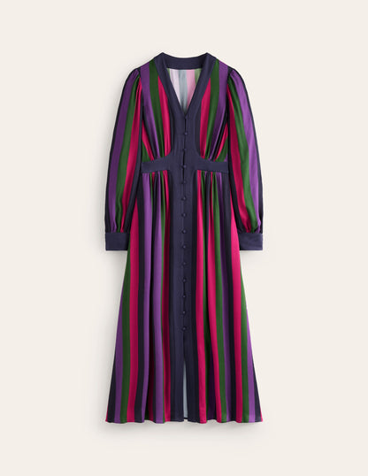 Colourblock V Neck Midi Dress-Pine and Ameythyst Stripe