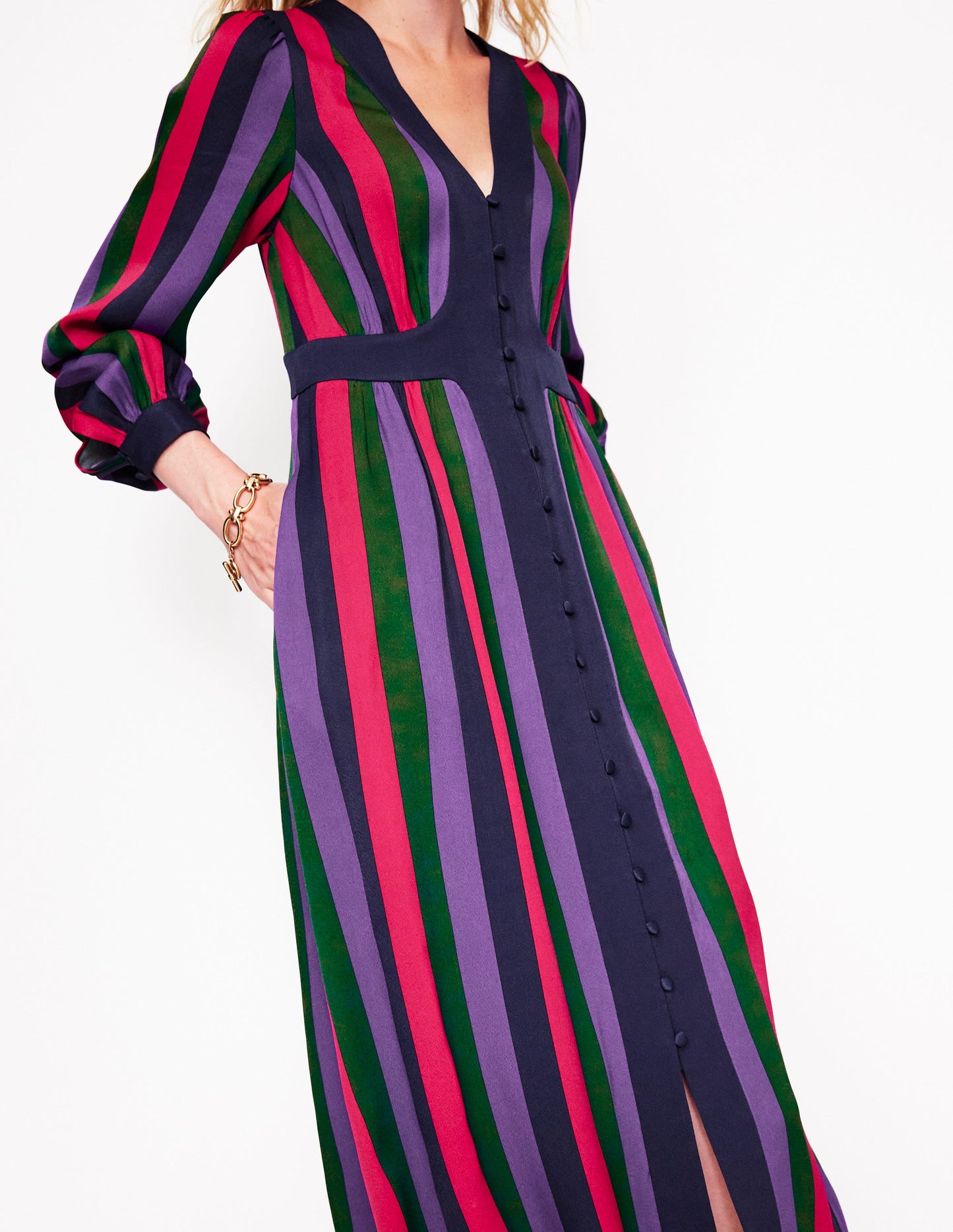 Colourblock V Neck Midi Dress-Pine and Ameythyst Stripe