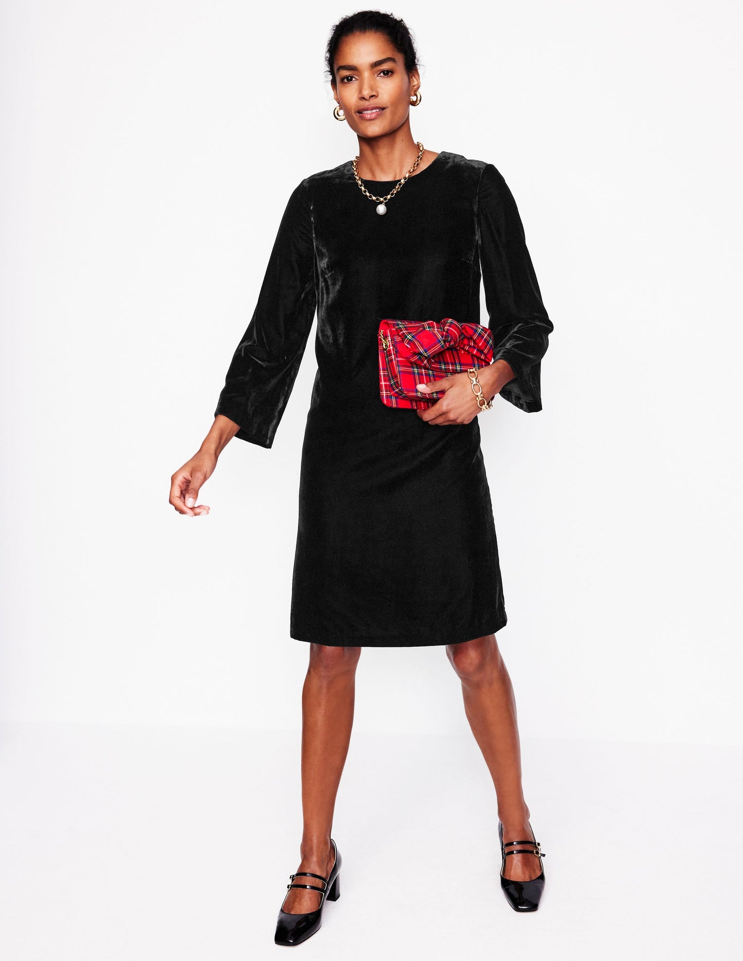 Long Sleeve Velvet Shift Dress-Black