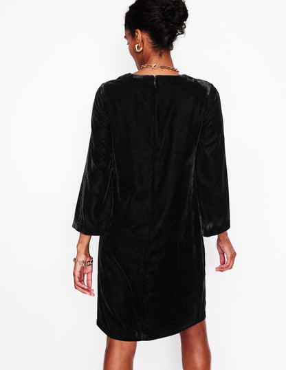 Long Sleeve Velvet Shift Dress-Black