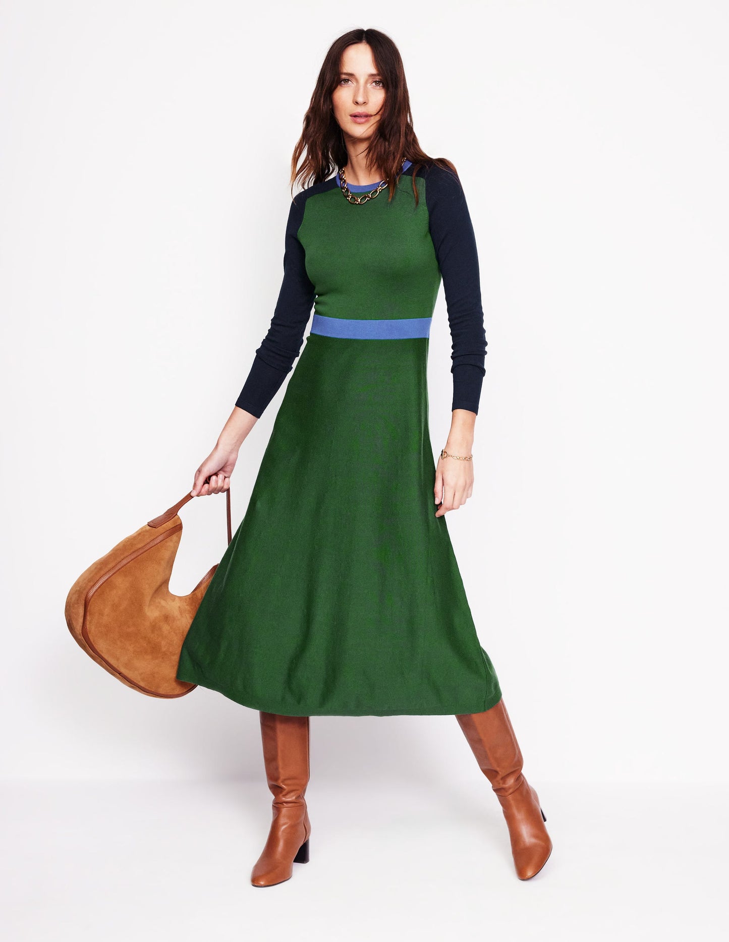 Marta Knitted Midi Dress-Pine, Navy Colourblock