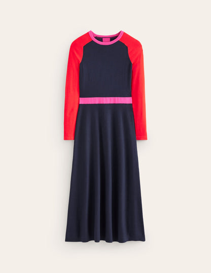 Marta Strick-Midikleid-Marineblau, Rot Blockfarben