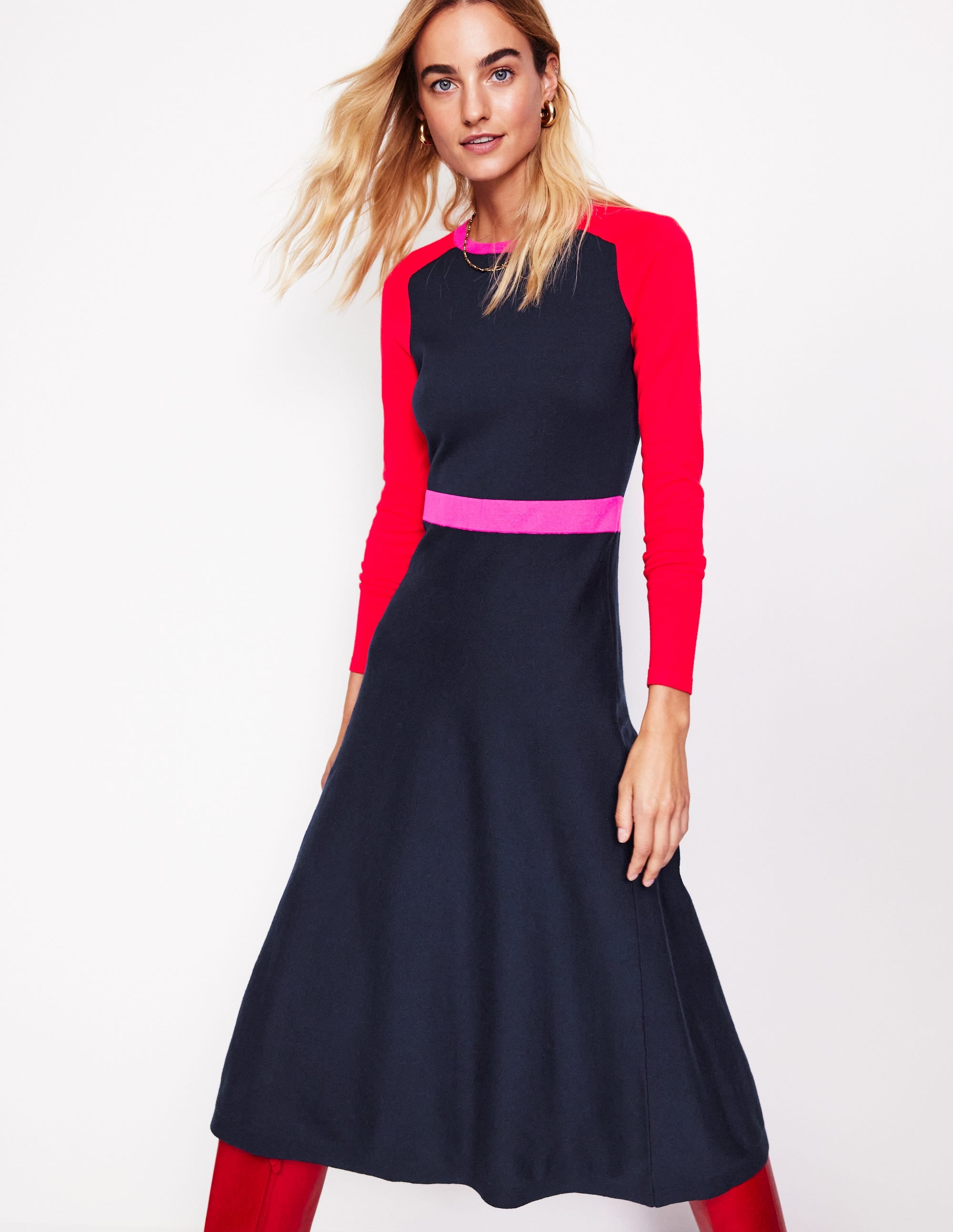 Marta Strick-Midikleid-Marineblau, Rot Blockfarben - Image 1