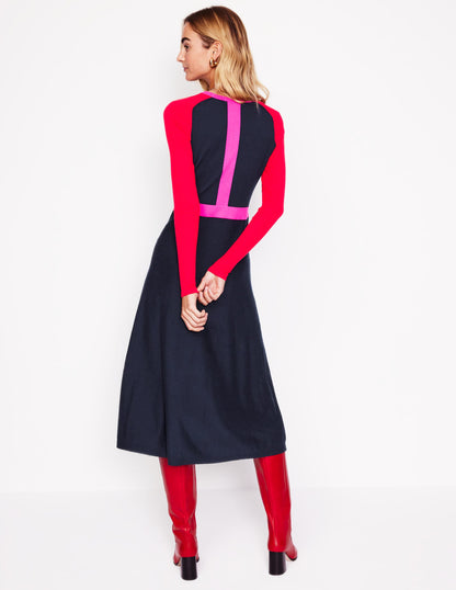 Marta Strick-Midikleid-Marineblau, Rot Blockfarben