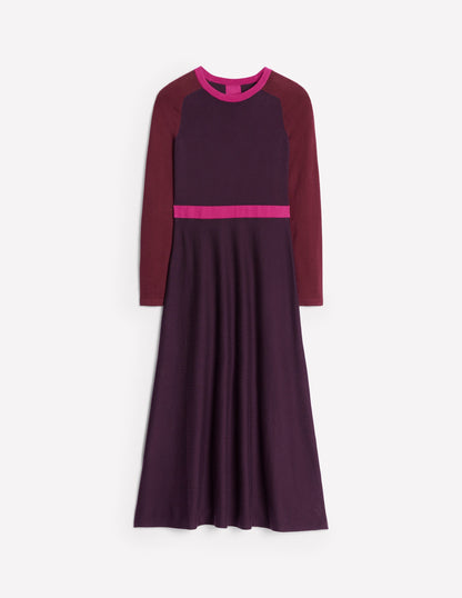 Marta Knitted Midi Dress-Aubergine, Maroon Colourblock