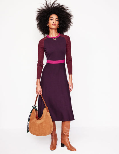 Marta Knitted Midi Dress-Aubergine, Maroon Colourblock