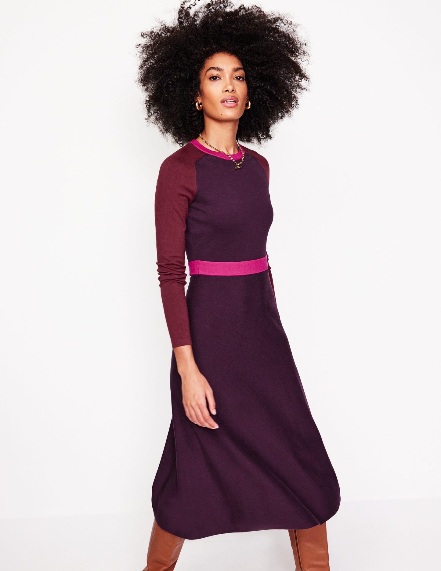 Marta Knitted Midi Dress-Aubergine, Maroon Colourblock