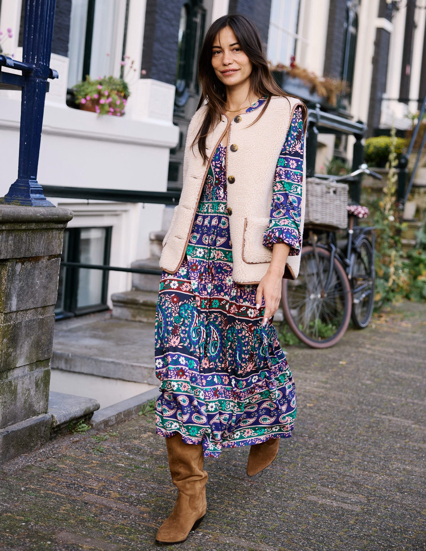 Midikleid mit Efeu-Bordürendruck-Sattes Blau, Paisley-Muster