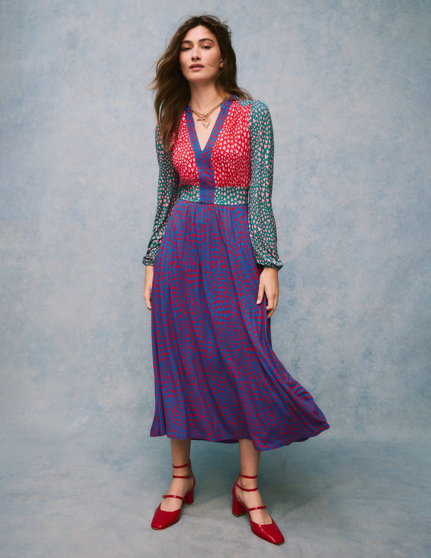 Lily Long Sleeve Midi Dress-Multi, Heart Cluster