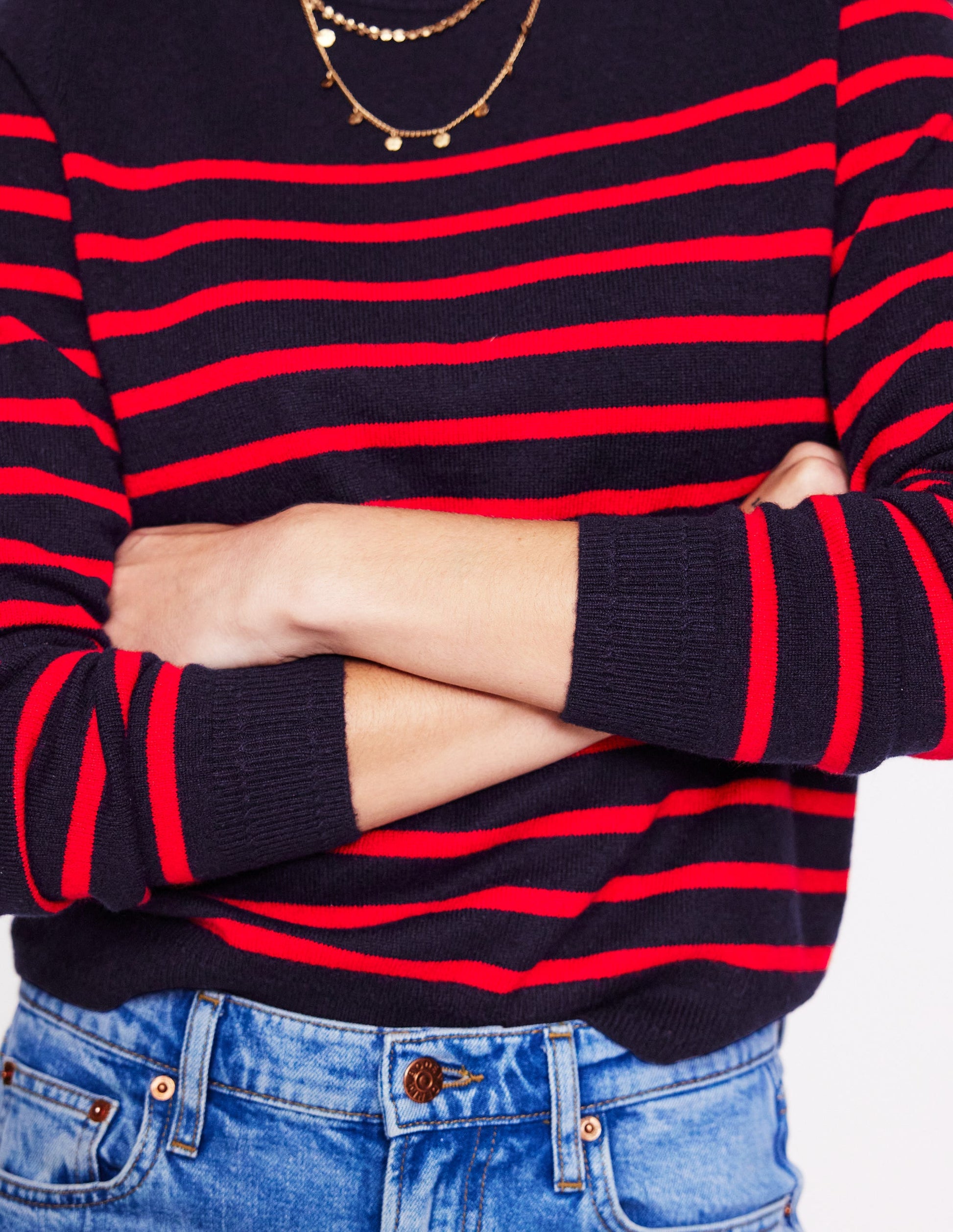 Eva Cashmere Crew Neck Jumper-Navy/ Red-2