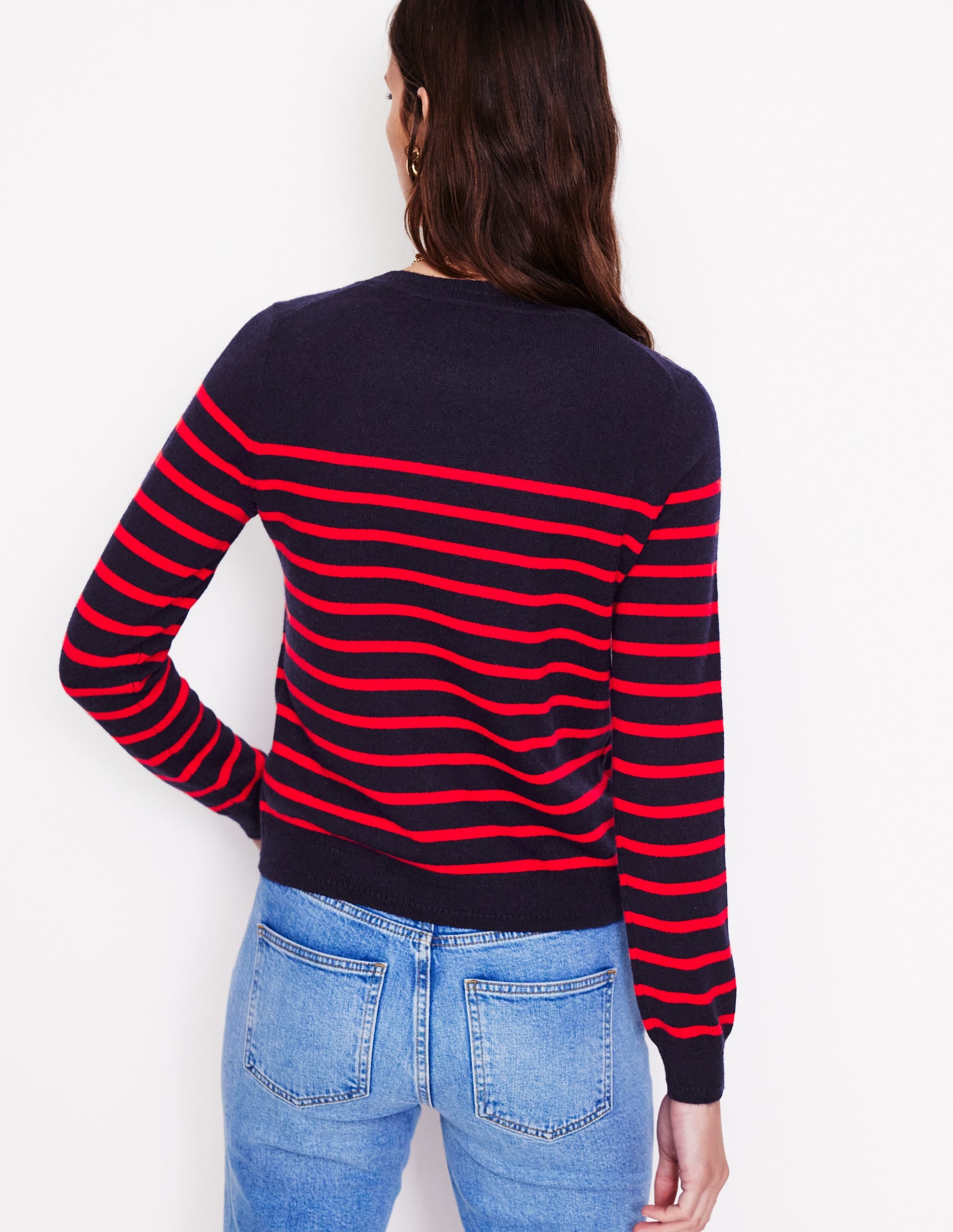 Eva Cashmere Crew Neck Jumper-Navy/ Red - Image 3