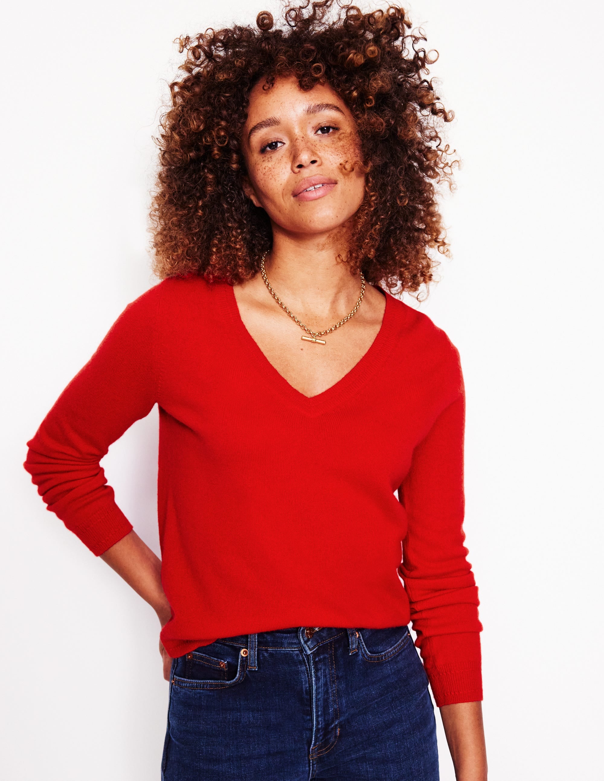 Pull Eva col V en cachemire-Rouge éclatant - Image 1