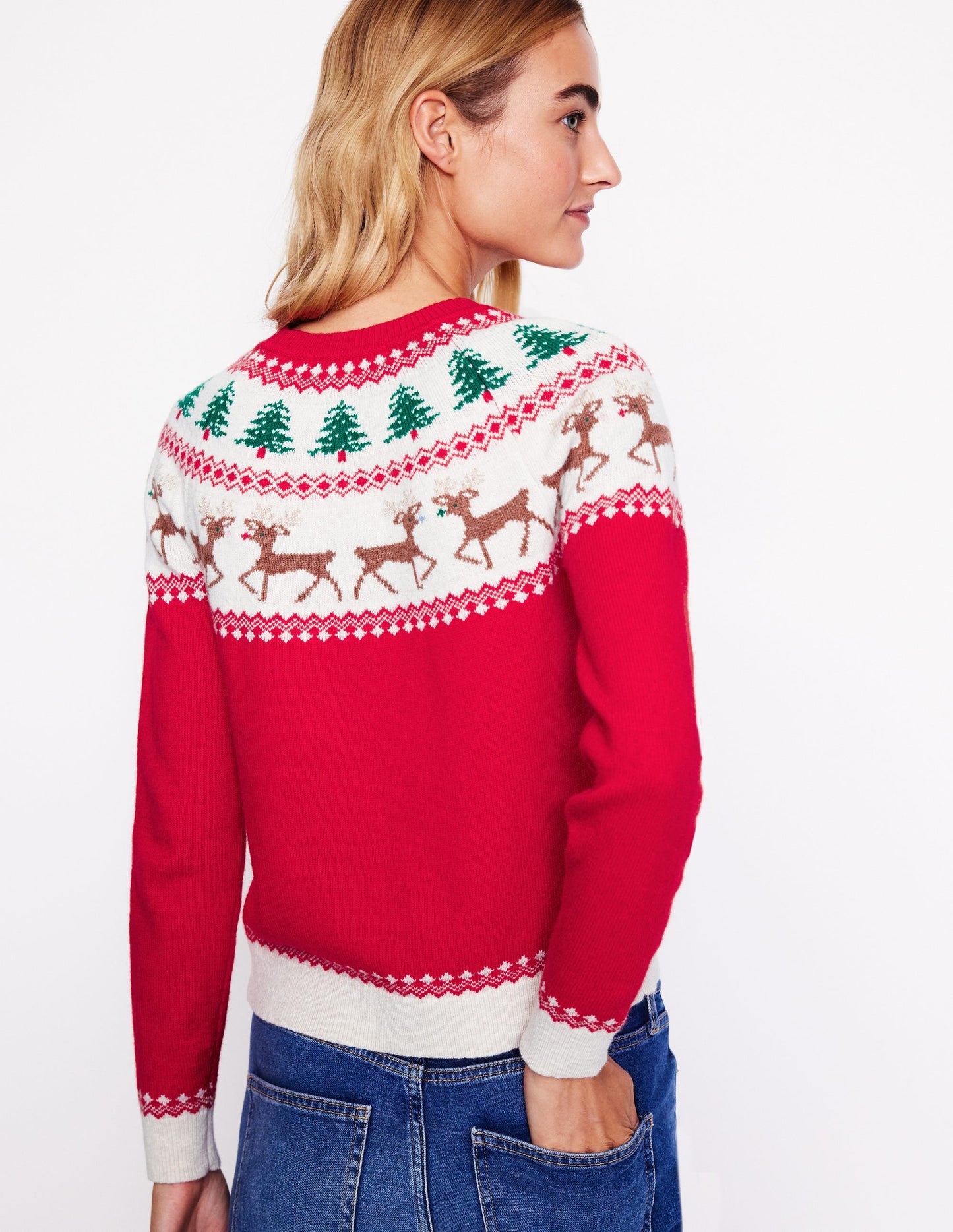 Edie Fair-Isle-Pullover-Rot, Rentiere