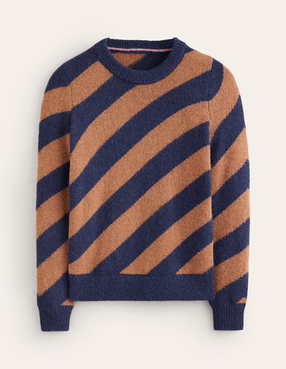 Flauschiger Pullover mit diagonalen Streifen-Camel/ Marineblau