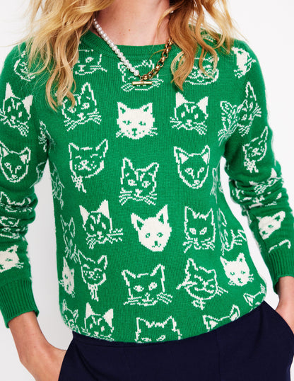 Heather Jacquard-Pullover-Sattes Smaragdgrün, Katzen