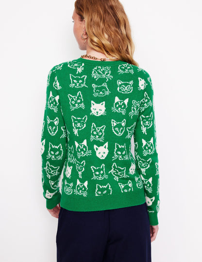 Heather Jacquard-Pullover-Sattes Smaragdgrün, Katzen