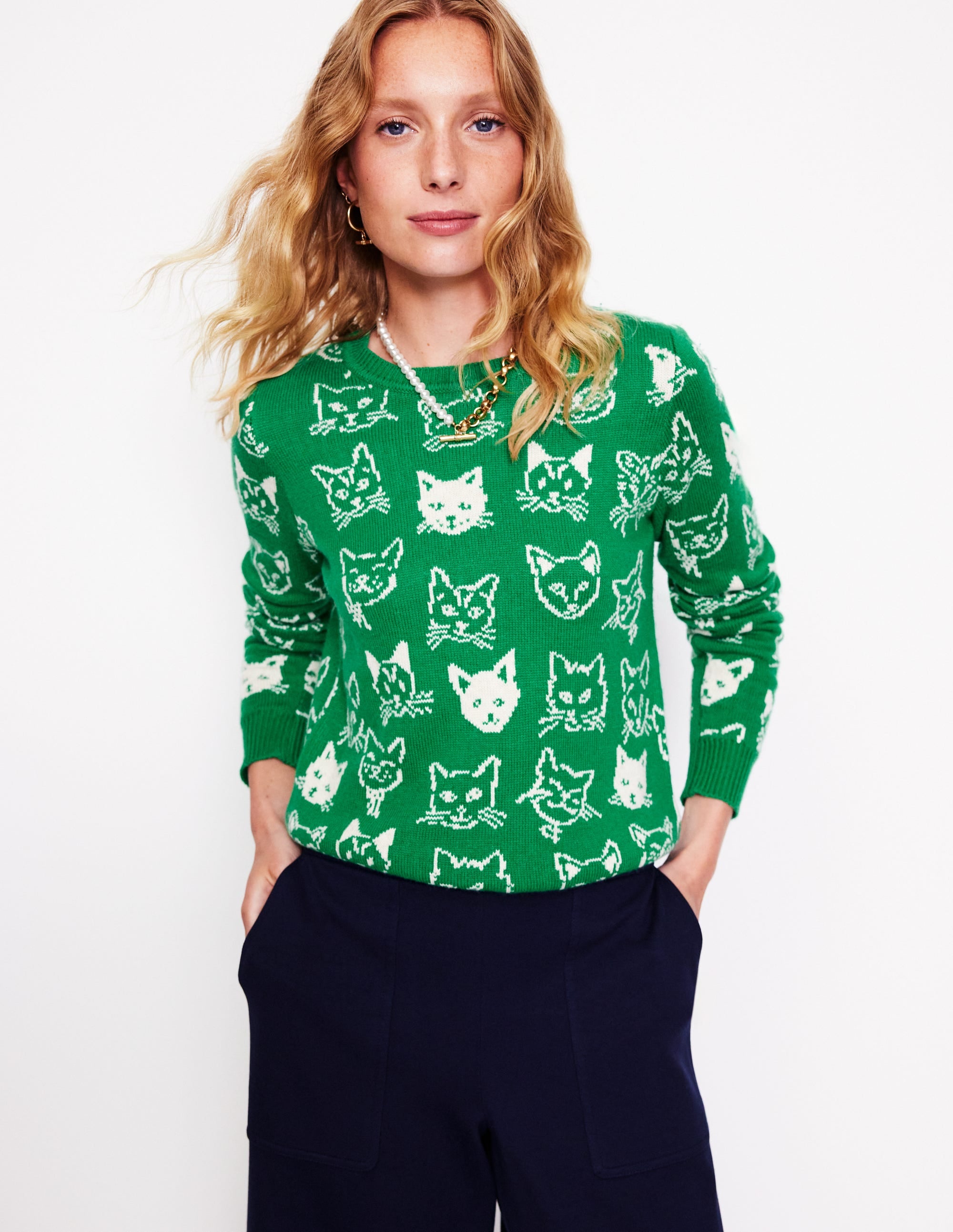 Pull Heather en jacquard-Vert émeraude profond, chats - Image 4