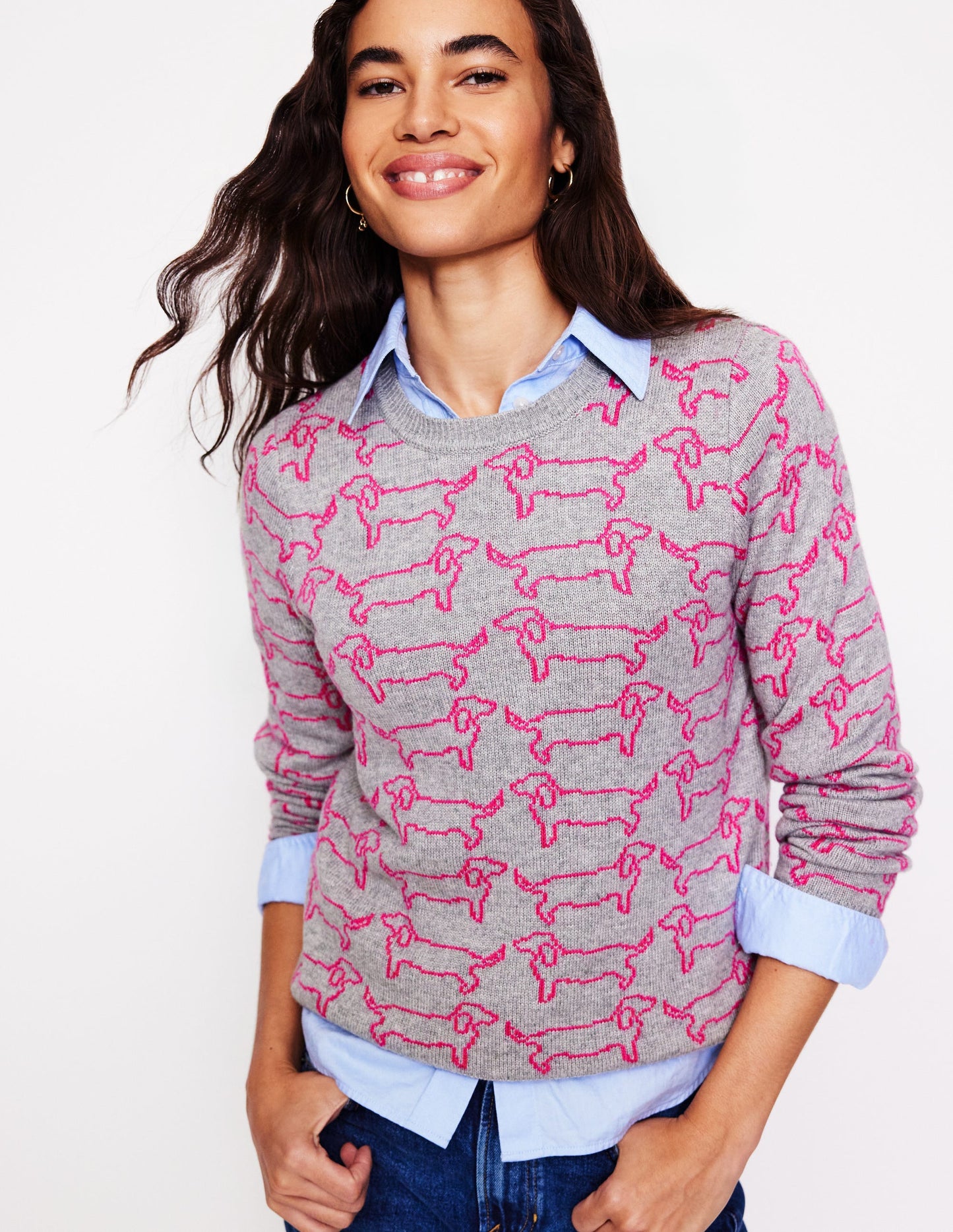 Heather Jacquard-Pullover-Grau Meliert, Rosa Dackel