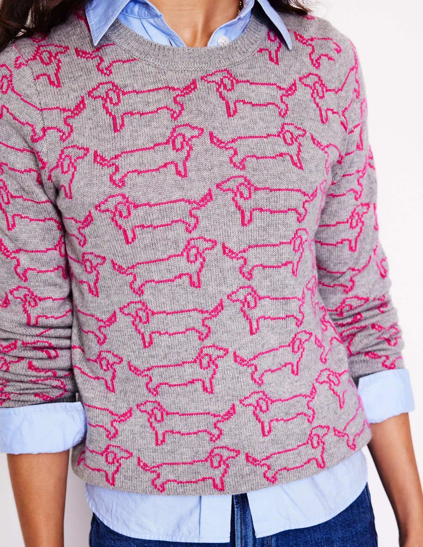 Heather Jacquard-Pullover-Grau Meliert, Rosa Dackel