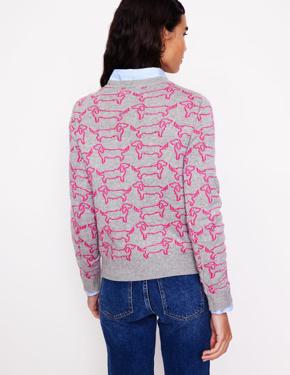 Heather Jacquard-Pullover-Grau Meliert, Rosa Dackel