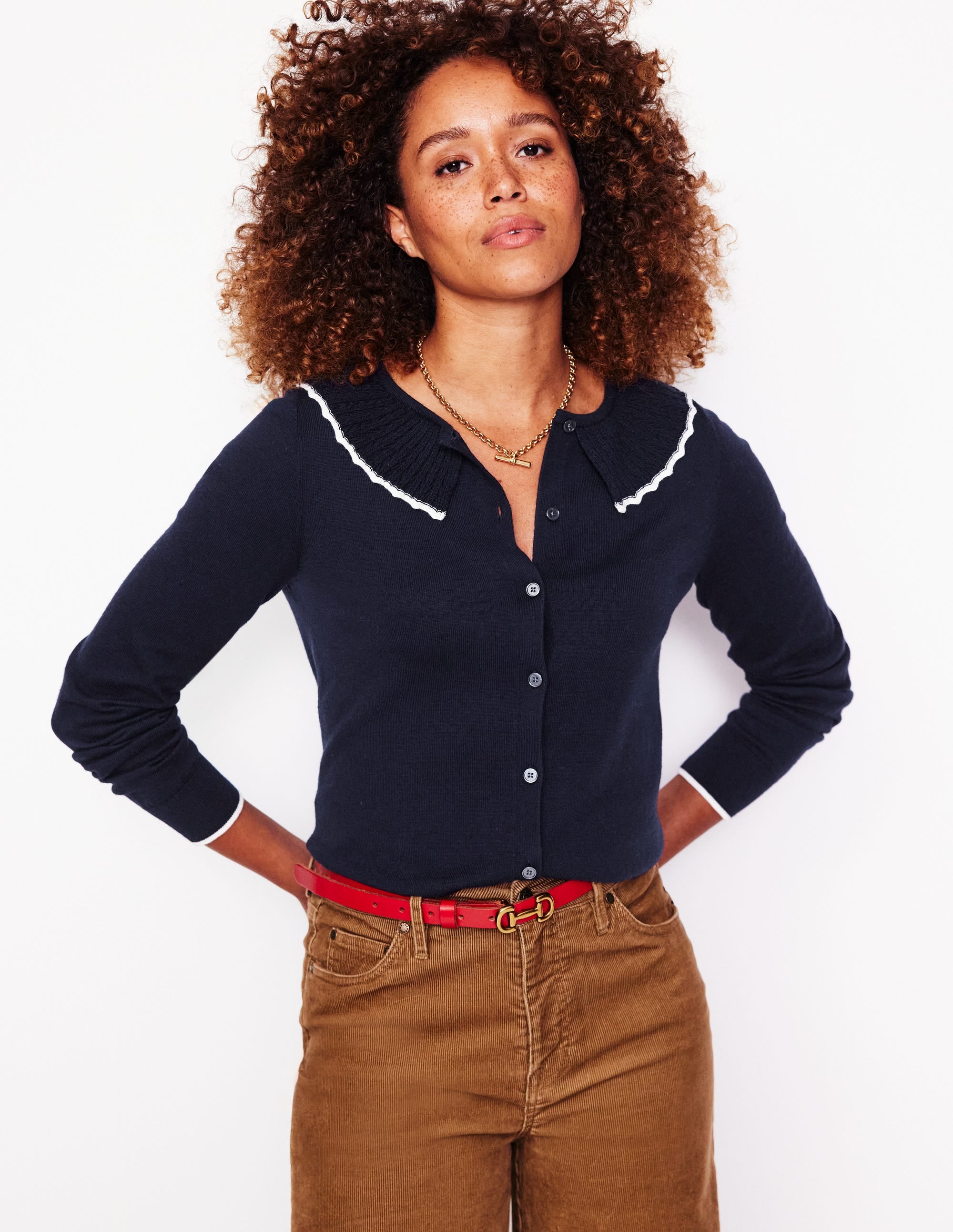 Gilet à col volanté-Bleu Marine, Petits Pois - Image 1