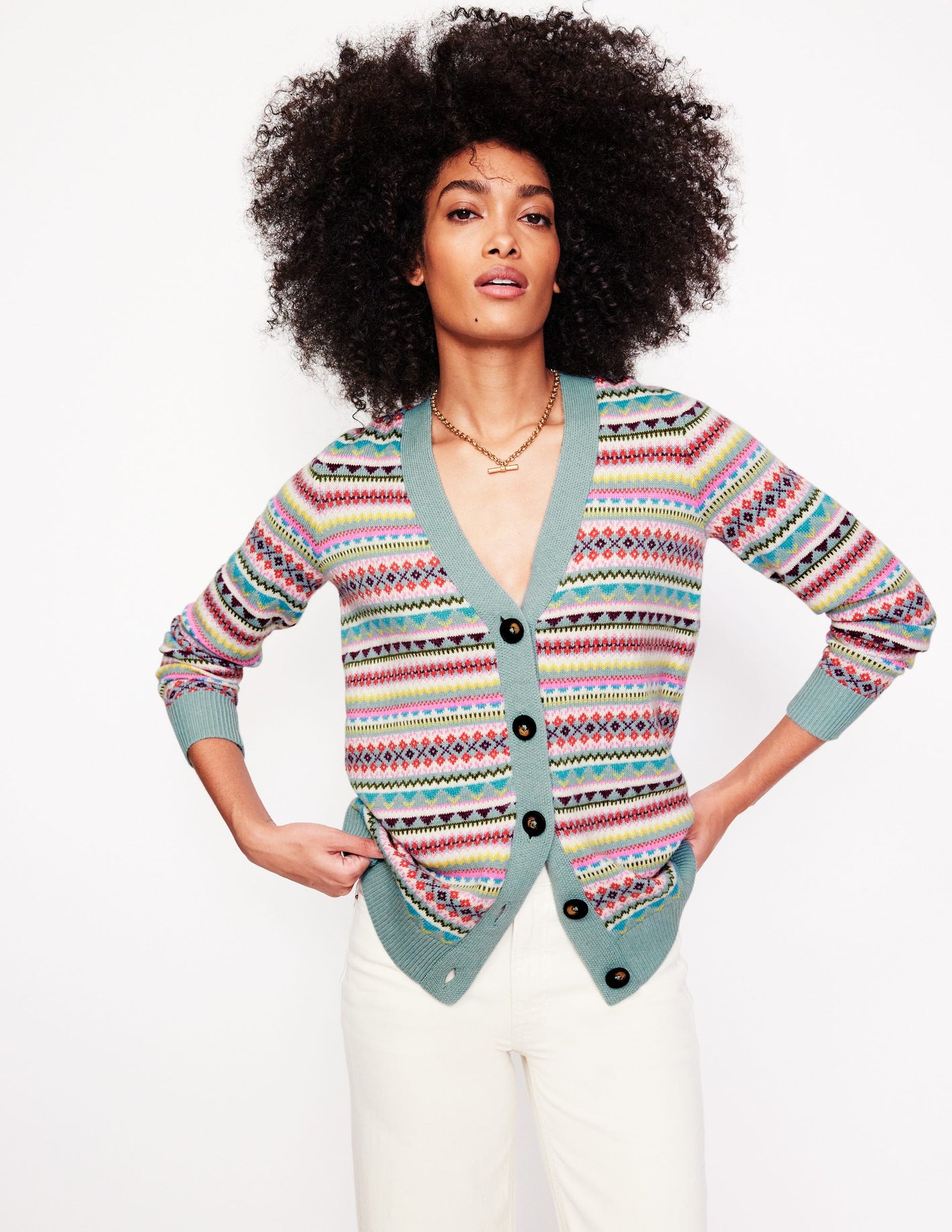 Fair-Isle-Strickjacke im Boyfriend-Stil-Blau, Klassisches Fair-Isle-Design