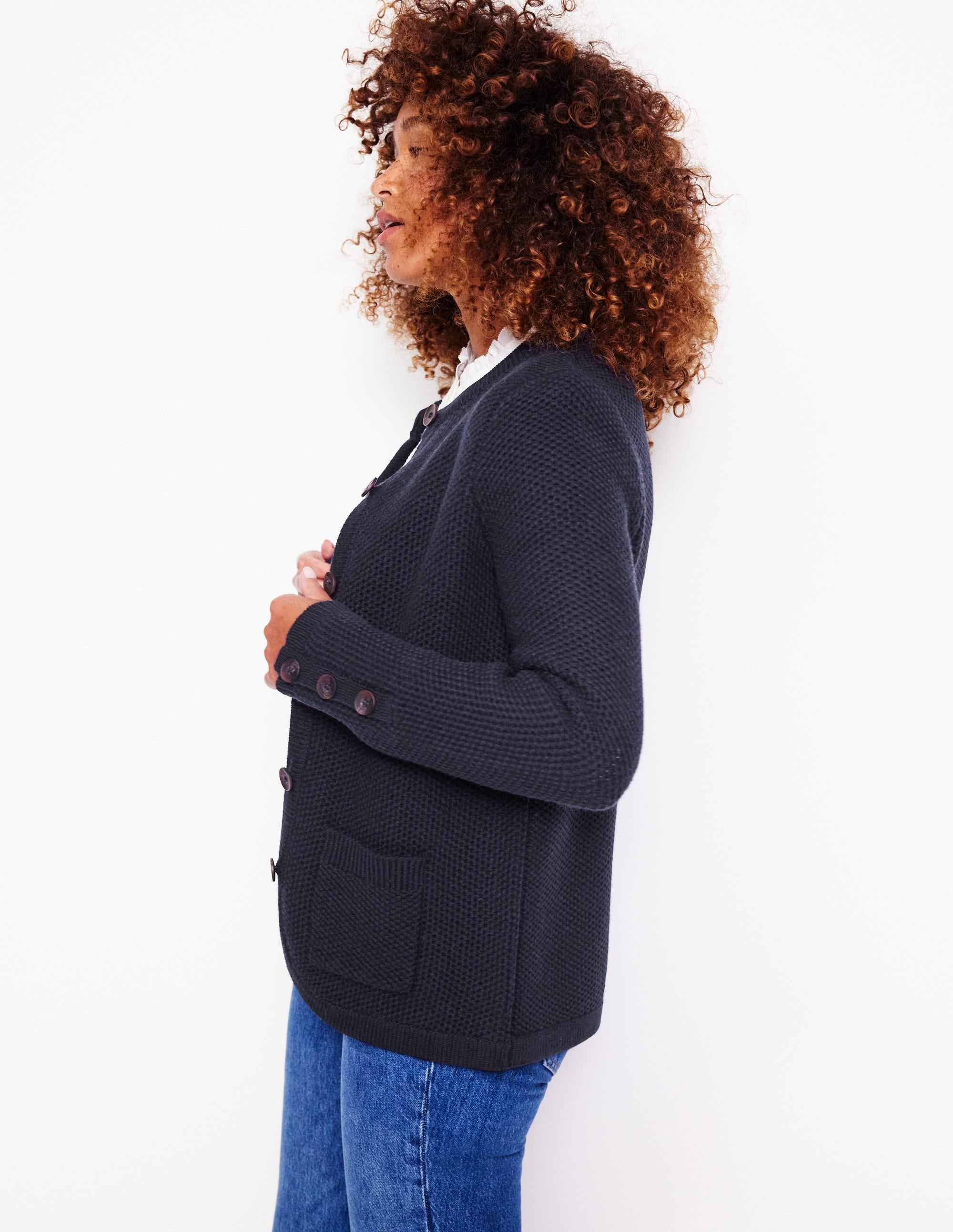 Gilet à maille texturée-Bleu Marine, Petits Pois - Image 4