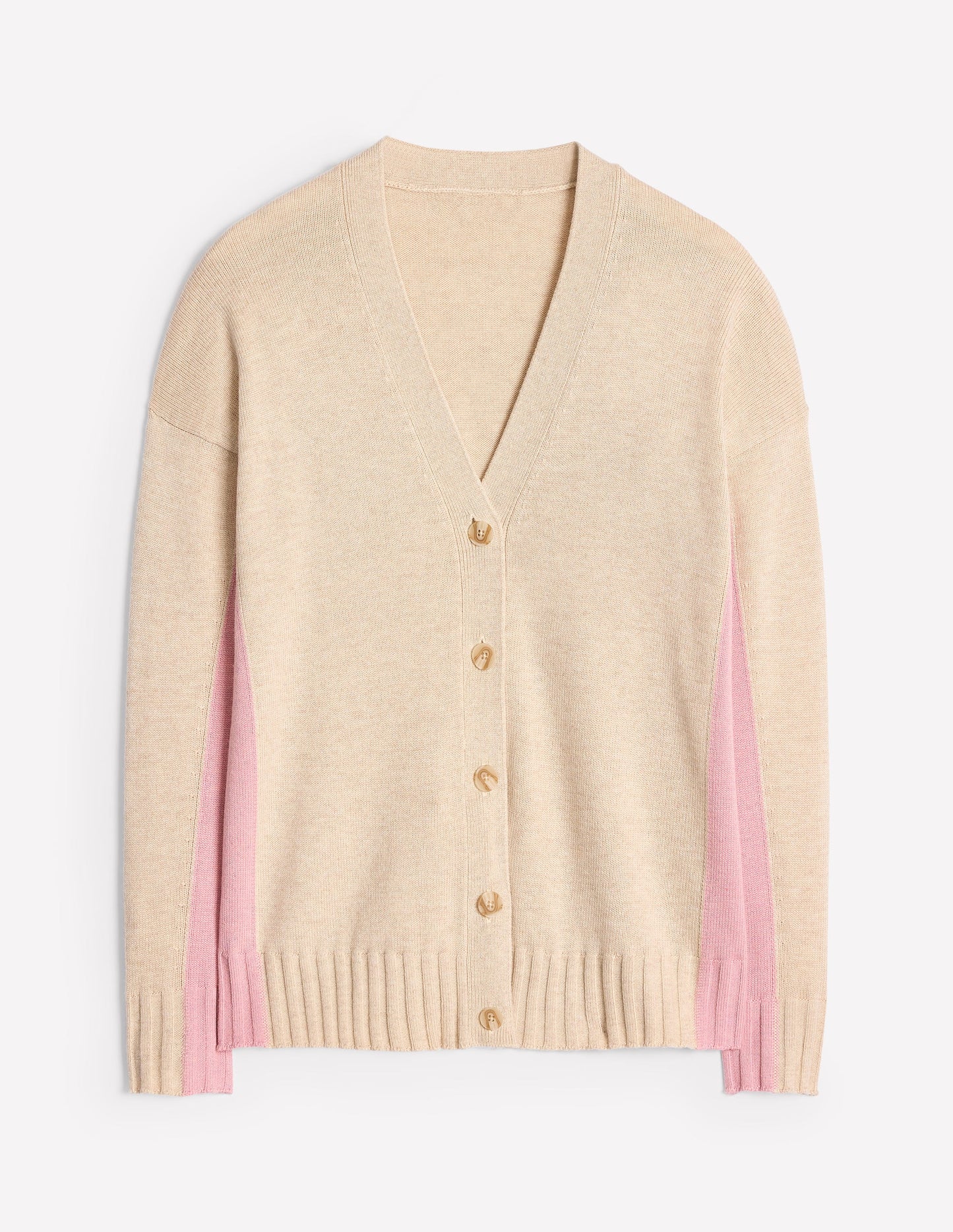 Zia Lang geschnittene Strickjacke mit V-Ausschnitt-Beige Meliert