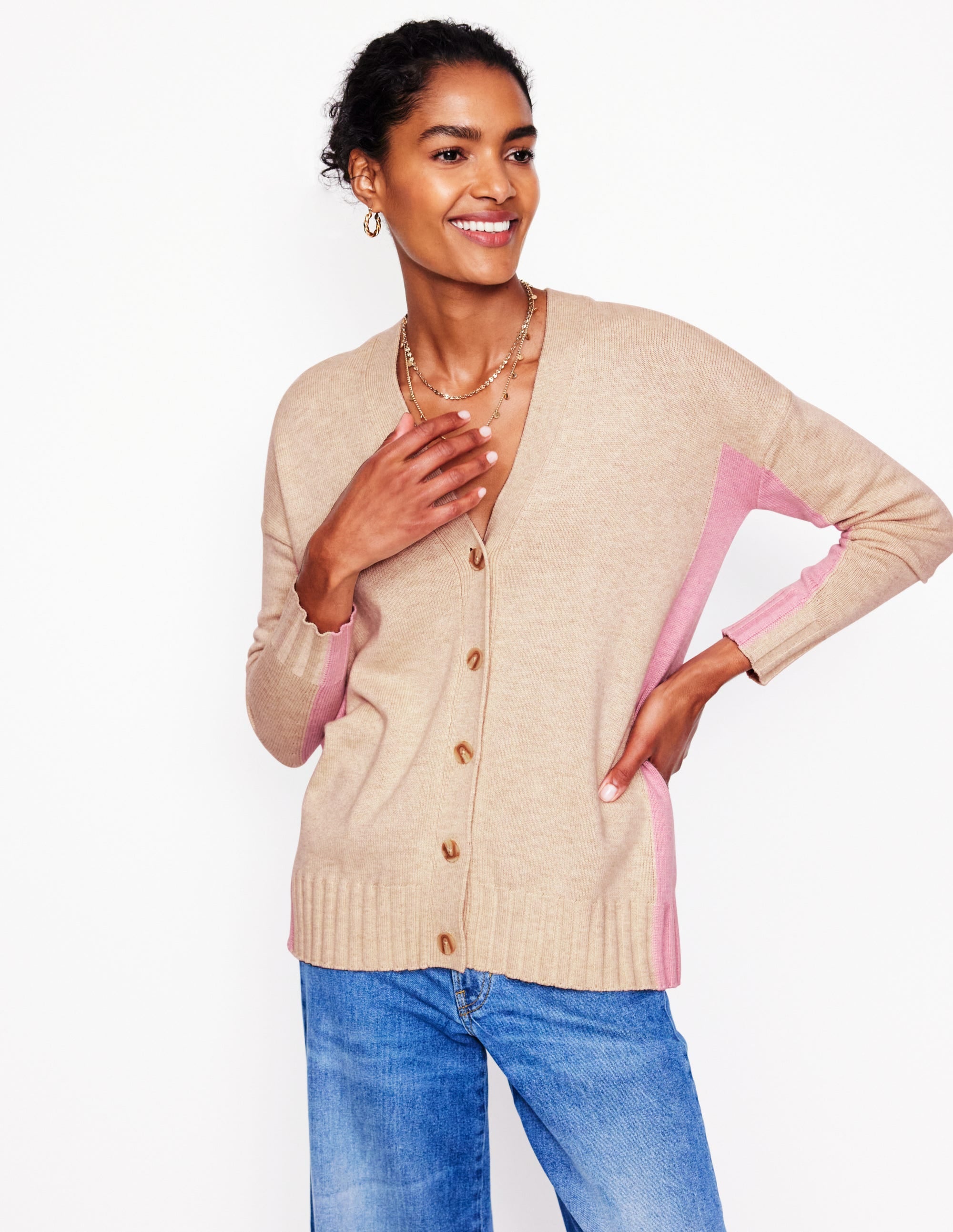Zia Lang geschnittene Strickjacke mit V-Ausschnitt-Beige Meliert - Image 1